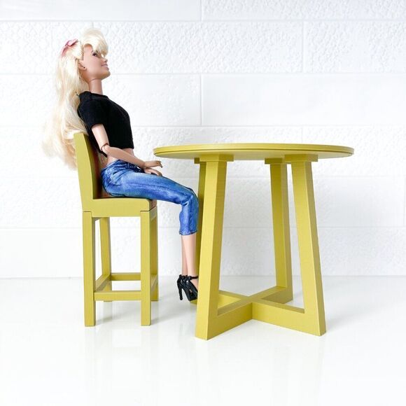 Miniature Barbie Bistro Table 4 Striped Chairs 3D Printed Dollhouse Furniture - Picture 3 of 5